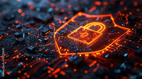 Digital Security Lock Icon on Black Circuitry