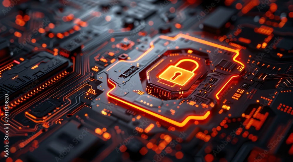 Secure Digital Padlock Icon on a Circuit Board Secure Digital Padlock Icon on a Circuit Board