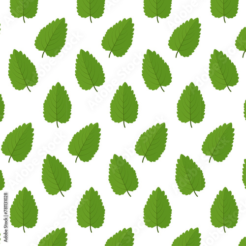 Seamless pattern for fabric and textiles. Green mint leaves on a white background. Print for packaging and wrapping paper. Ornament for paper gift bag. Vector cartoon illustration. Green leaf.