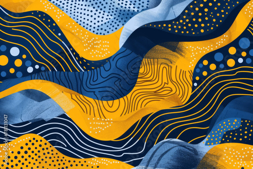 Abstract background with blue and yellow color, flat design with organic shapes, dots, wavy lines and waves photo