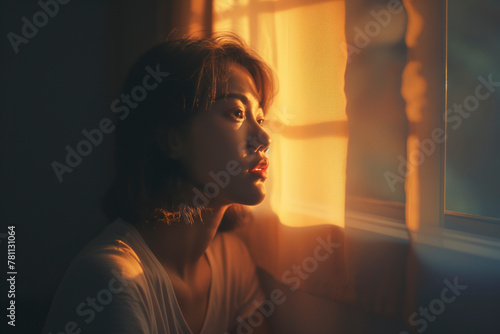 A woman gazes thoughtfully out of a window, with warm sunlight casting shadows on her face.