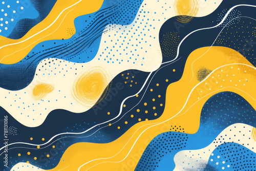 Abstract background with blue and yellow color, flat design with organic shapes, dots, wavy lines and waves photo