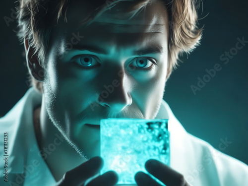 male scientist with blue glowing cube