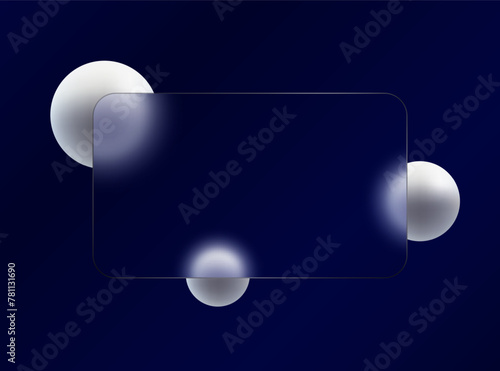 Glass morphism style. Floating blurry spheres with rectangular transparent banner.