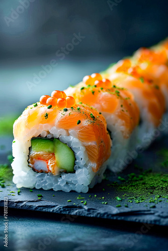 Bunch of sushi rolls with various toppings such as carrots and cucumbers.