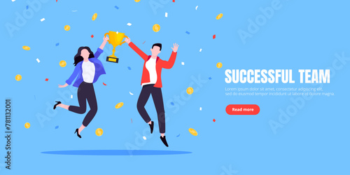 Happy business team employee winners award ceremony flat style design vector illustration. Employee recognition and best worker competition award team celebrating victory winner business concept.