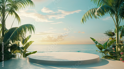 Sunrise view of a tranquil beach resort with an empty round podium surrounded by lush palm trees. Product display for montage.