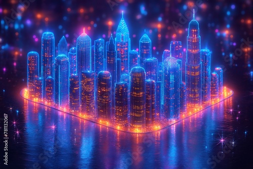 Futuristic skyscrapers and modern technology  Future urban architecture.cityscape with neon light effect  Modern hi-tech  science  futuristic technology concept  top view  view drone