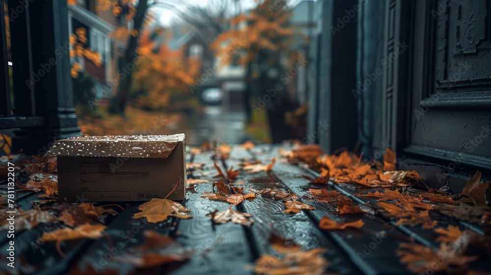 Package left on a rainy doorstep, surrounded by fallen autumn leaves. Package left on a rainy doorstep, surrounded by fallen autumn leaves.