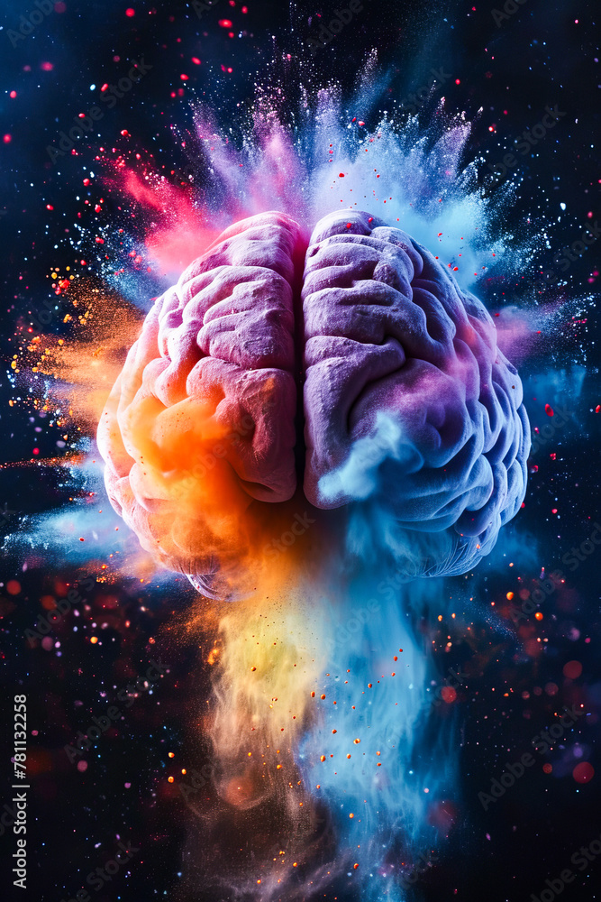 Colorful and abstract brain exploding with colors surrounded by blue and purple background. - obrazy, fototapety, plakaty 