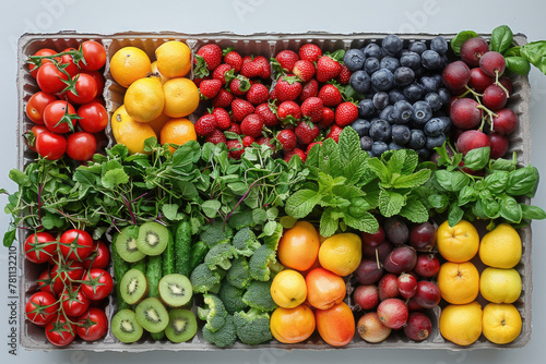 Fresh organic fruits and vegetables arranged beautifully  promoting sustainable eating habits