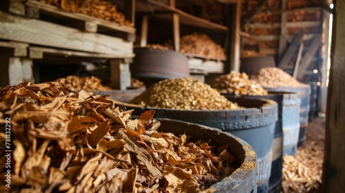 Many dried leaf bins inside farm shed