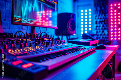 Studio setup with mixer speaker and other equipment in purple light.
