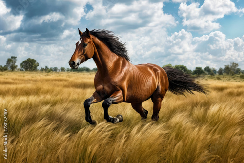 Painting of horse running through field of wheat or barley.