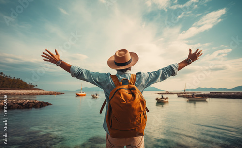 Vigorous hiker with backpack and hat appreciating sea view