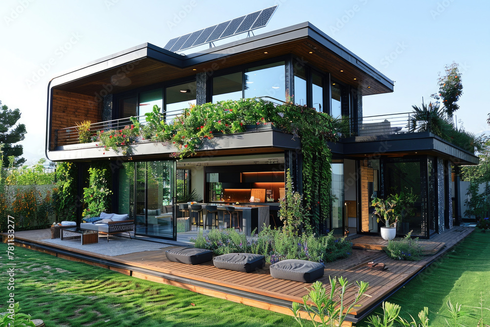 A modern eco-friendly home with solar panels and lush greenery