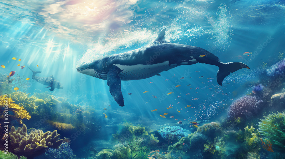 Obraz premium Two killer whales with electric blue and white coloration are gracefully swimming in the underwater world near a vibrant coral reef