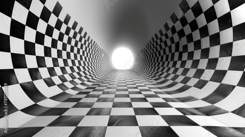 Abstract Checkered Tunnel with Light at End. Generative AI