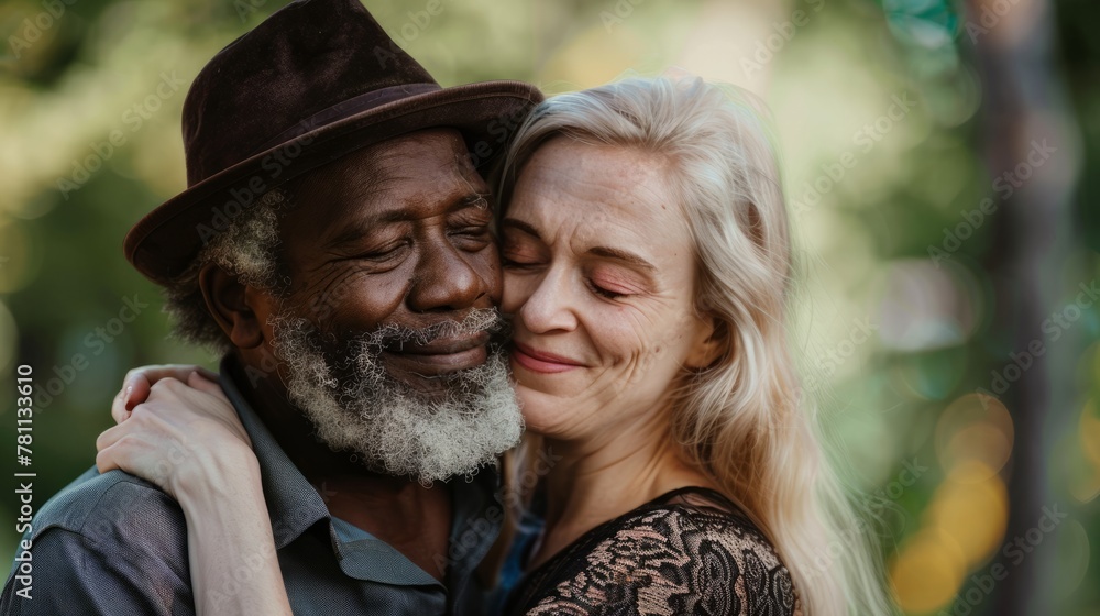 Obraz premium Elderly mixed race couple African American man and Caucasian woman enjoying outdoors their relationship and marriage
