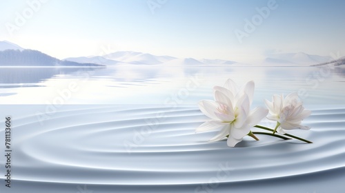 White stage, Lake surface, water ripples,flatcylindrica countertop, clean countertop, surround by flower, gradient background, simplicity advanced sense, atmosphere sense