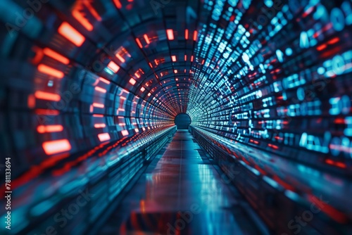 Abstract digital data tunnel with glowing light for technology and network concepts