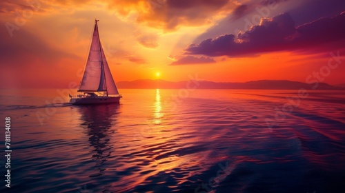 Sailboat sailing in ocean at sunset