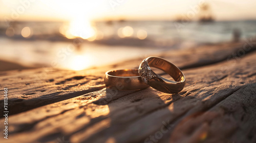 Wedding Rings on Wooden Surface at Sunset Beach photo