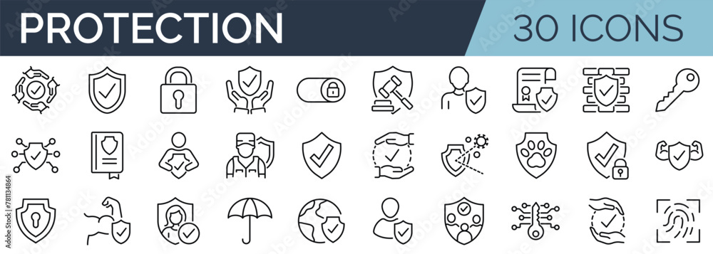 Set of 30 outline icons related to protection. Linear icon collection. Editable stroke. Vector illustration - obrazy, fototapety, plakaty 
