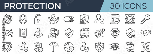 Set of 30 outline icons related to protection. Linear icon collection. Editable stroke. Vector illustration © SkyLine
