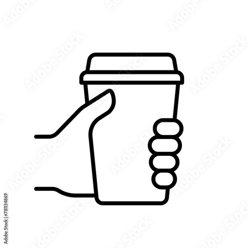 Hand holding take away coffee in reusable cup, line icon. Takeaway drink in paper mug. Coffee to go. Vector illustration