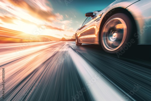 A car is captured driving down a highway as the sun sets in the background, A sport car racing at high speed on a deserted highway, AI Generated