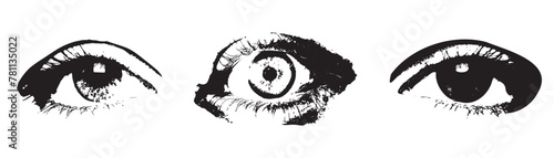 set black and white eyes Trendy elements with retro, punk effect. Design elements in y2k format. Eyes, lips, mouth. Vector on transparent background	