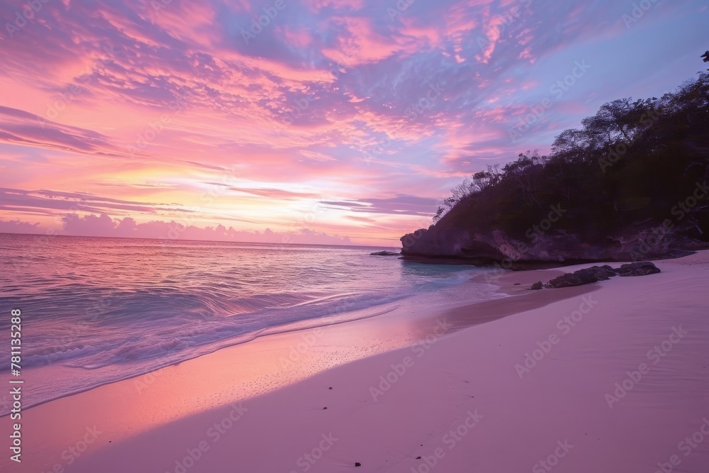 A beach with a pink sky and water, creating a stunning contrast of colors as the waves gently crash onto the shore, A soft pink sunset at a secluded beach spot for two, AI Generated