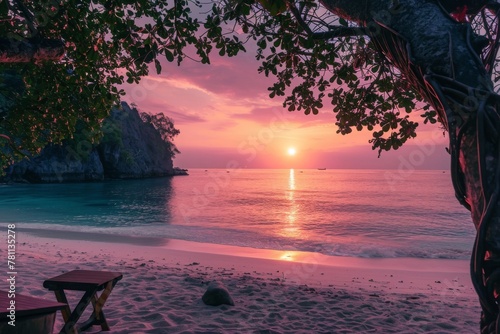 A bench sits on top of a sandy beach, providing a place to rest and enjoy the view, A soft pink sunset at a secluded beach spot for two, AI Generated