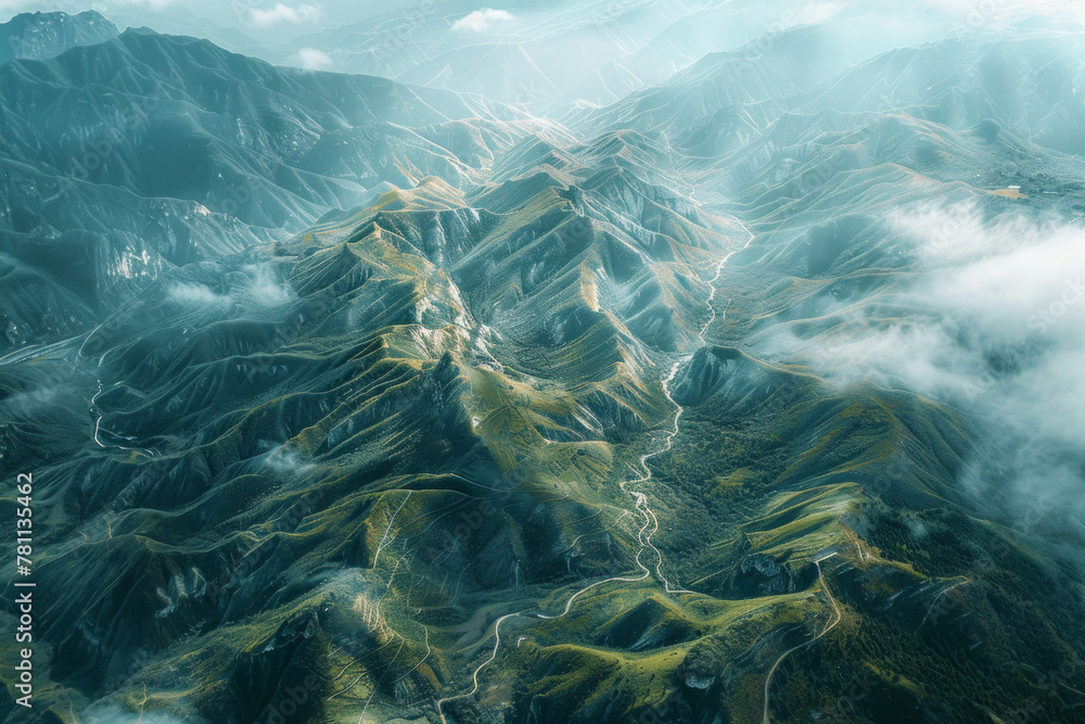 Aerial view of china landscape with mountains - obrazy, fototapety, plakaty 