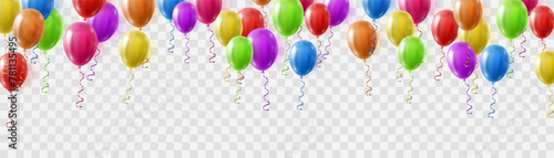 Festive 3d helium balloons isolated on png background. Realistic colorful balloons template for anniversary, Birthday party design. Vector illustration on transparent background