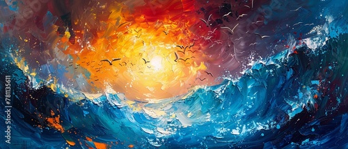 Vibrant, abstract painting of the ocean and marine animals, using oil and palette knife, against a summercolored canvas, enhanced by dramatic light and colorful highlights