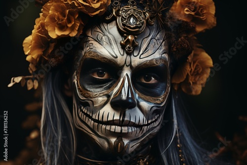 D?a de los Muertos festival in Latin American countries. People organize carnivals, decorate altars with marigolds, wear themed costumes and put on appropriate makeup