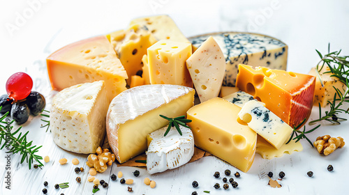 Different types of cheese cubes on a white background