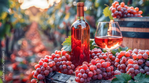 Red wine with grapes and glasses on background