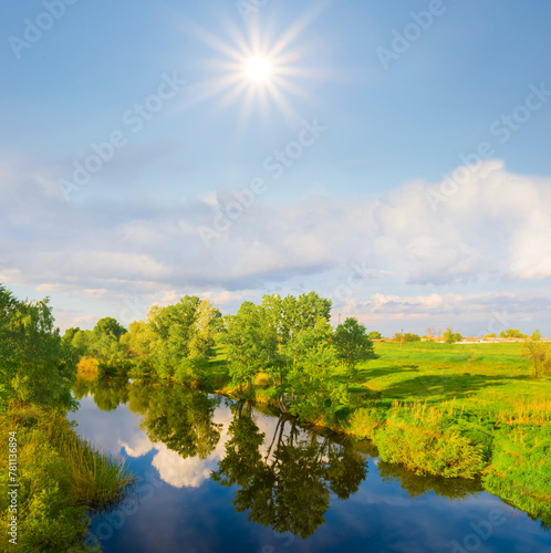 small calm river at the sunny day, summer countryside landscape