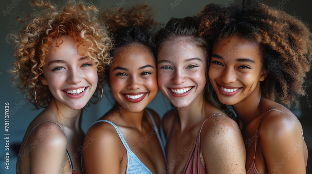 Young girls of different nationalities and races stand together and smile, friendship of peoples, smiling girls