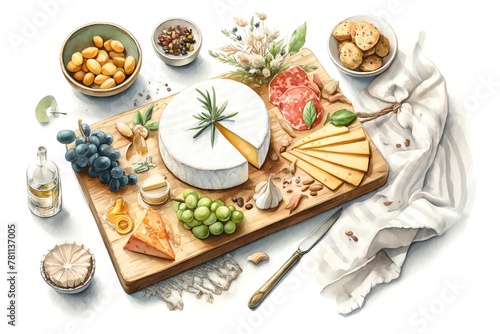 Watercolor Painting of Antipasto Appetizer Cheese Board
