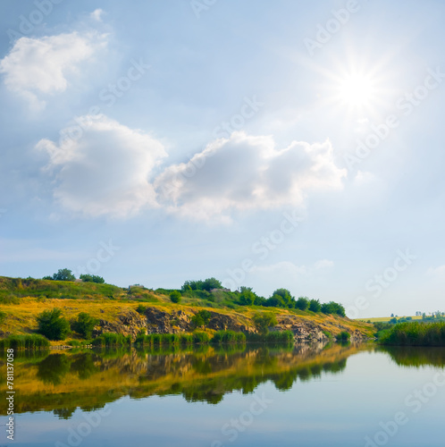 small calm river at the sunny day, summer countryside landscape