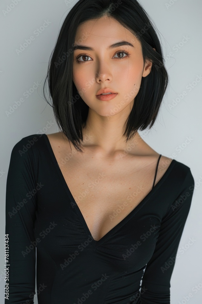Beautiful female model posing in black clothes on a light gray background. Beautiful female model posing in black clothes on a light gray background.