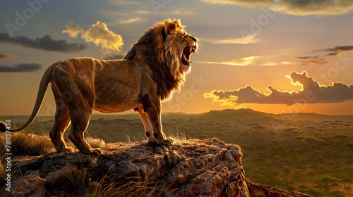 Majestic lion's roar echoes across the savannah, a powerful call from atop a cliff, asserting dominance and presence in the wild © Saran