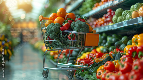 A basket of groceries, fruits and vegetables in a store, in the fresh food department. Abstract background.