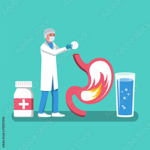 Gastroenterology concept. Landing page, medical clinic template. Diagnostic equipment. Health check. Doctor treats the stomach. Vector illustration flat design. Isolated on white background.