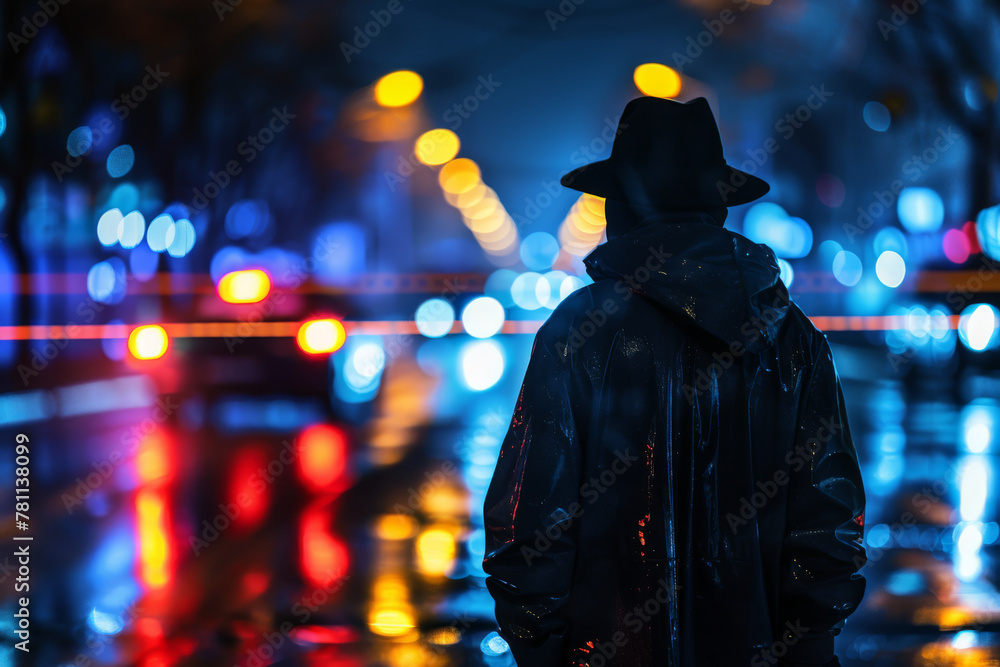 Maniac. A killer in a hat and cloak watches the crime scene. The criminal monitors the work of the police. Maniac. A killer in a hat and cloak watches the crime scene. The criminal monitors the work of the police.