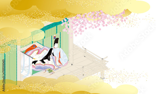 桜を見る袿姿の女性と直衣の男性の吹抜屋台風のイメージイラスト